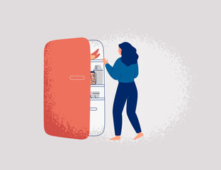 Woman takes a food from Fridge. Hungry girl looks into Refrigerator for midnight snack. Healthy and unhealthy eating habits concept. Vector illustration