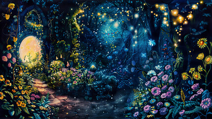 Detailed watercolor of a fantasy garden featuring vibrant, fantastical flora, glowing fairy lights, and soft moonlight ,Ultra-High Detail, Ultra-Realistic