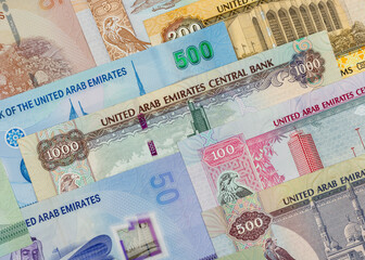 United Arab Emirates various denominations currency notes. Business background concept.