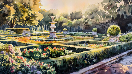 Detailed watercolor of a French formal garden, manicured hedges, stone statues, colorful flowerbeds, golden hour light