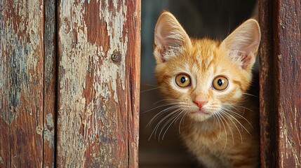 Curious feline exploring its surroundings while peeking from behind a rustic wooden door illuminated by soft gentle lighting