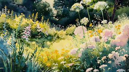 Detailed watercolor of a herb garden, blooming chives, dill, parsley, warm afternoon glow