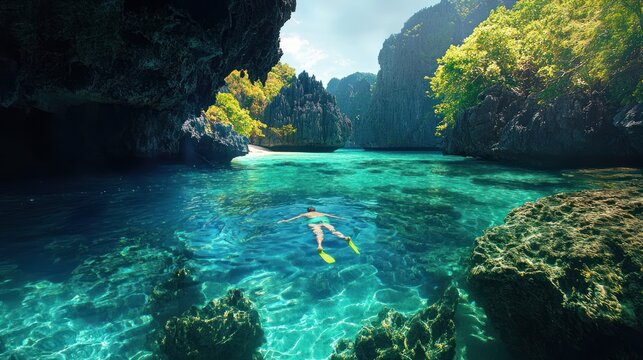A man swims while enjoying the stunning views of rock formations and clear water