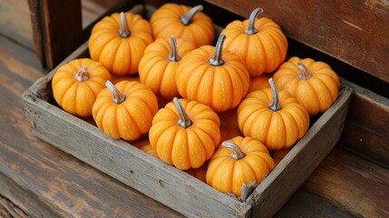 Fresh mini pumpkins in rustic wooden crate