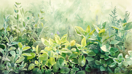 Detailed watercolor of a herb garden, sage, marjoram, cilantro, soft morning mist