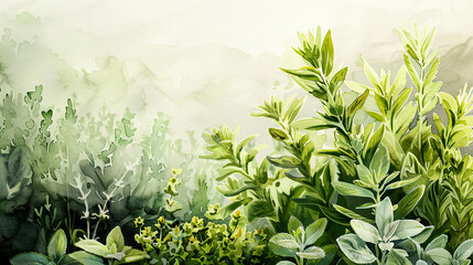 Detailed watercolor of a herb garden, sage, marjoram, cilantro, soft morning mist