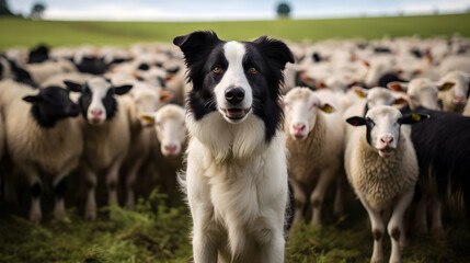 Obraz premium border collie guarding sheep, dog in front, farm animal illustration