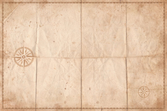 Vintage old map empty background. Blank treasure map on old folded paper texture backdrop