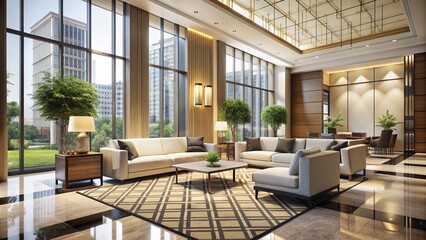Fototapeta premium Sleek, modern hotel lobby features a minimalist aesthetic with a cream-colored sofa, geometric-patterned rug, and floor-to-ceiling windows allowing natural light to pour in.