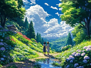 Two girls walk together on a path through a flower-covered hillside, surrounded by lush greenery, trees, and mountains under a bright blue sky filled with puffy white clouds