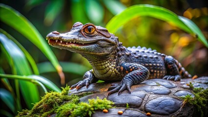 Naklejka premium Small dwarf caiman with scaly skin and sharp teeth, resting on a rock in a misty rainforest, surrounded by lush green vegetation.