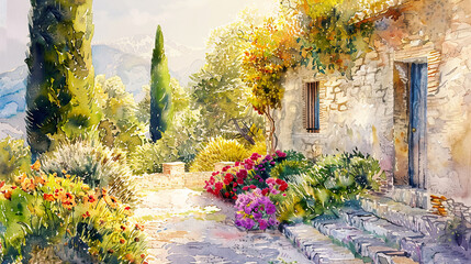 Detailed watercolor of a Mediterranean garden, cypress trees, colorful flowers, rustic stone walls, golden hour light