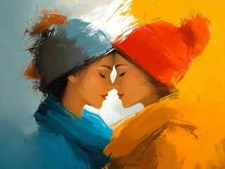 Two women, eyes closed, gently touch foreheads in a tender moment, depicted in a vibrant abstract oil painting with contrasting blue and orange tones.