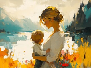 A mother lovingly holds her child while standing by a serene lake, surrounded by vibrant flowers and abstract natural scenery, creating a warm and tender moment.