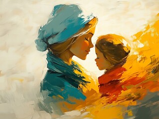 A tender moment between a mother and child, their foreheads gently touching, depicted in vibrant, abstract oil painting style with warm and cool tones blending harmoniously.