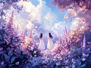 Two women stand amidst a lush garden filled with vibrant purple and pink flowers, under a serene sky, evoking a sense of tranquility and natural beauty.
