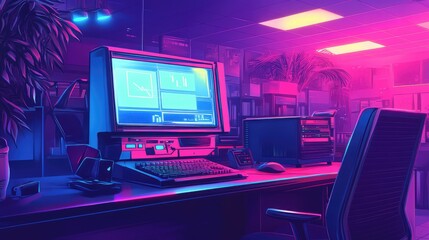 Computer on the table in cyberpunk style, nostalgia 80s, 90s. Neon night lights vivid colors. Concept of technology. Ai generation