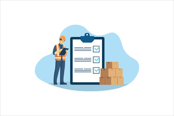 worker is checking goods and stock supply and making notes inventory management