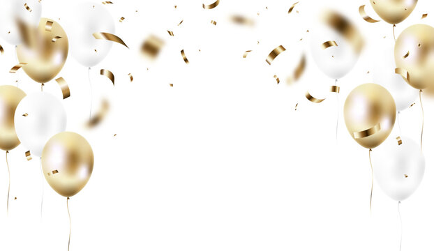 Confetti background with gold helium balloons