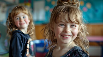 Two young girls smile brightly in a classroom setting.