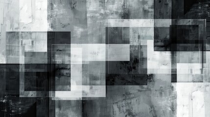 Layered geometric shapes create a striking monochrome abstract artwork with strong contrasts and textures