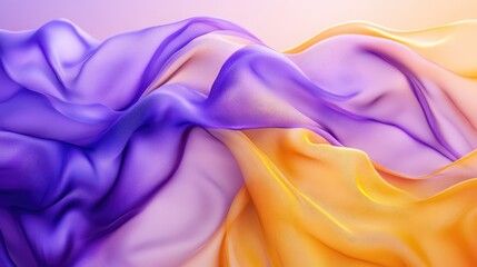 Obraz premium Purple and yellow flowing chiffon fabric texture. Bright summer banner, abstract background illustration. Ai generation