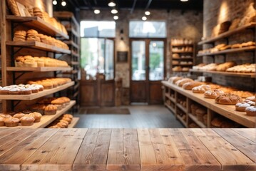 Empty Rustic Wooden Table with Blurred Bakery Shelf Background in Cafe and Copy Space.