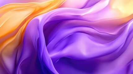 Fototapeta premium Purple and yellow flowing chiffon fabric texture. Bright summer banner, abstract background illustration. Ai generation