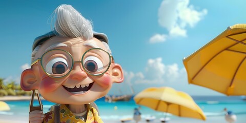 Adorable 3D elderly character on a seaside vacation, featuring a cute and playful design, enjoying a peaceful and relaxing time by the ocean. This charming scene captures the warmth and joy of travel 