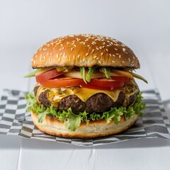 A delectable and mouth-watering burger, showcased in a professional product photography style against a pristine white background. The burger is filled with fresh, juicy ingredients including lettuce.