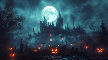 Haunted castle with full moon, graveyard, halloween pumpkins, fog. 
Generative AI
