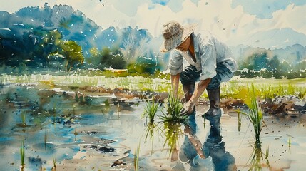A farmer bending over to transplant young rice plants into a meticulously arranged paddy field, surrounded by a serene rural landscape Watercolor, Soft pastel colors, Delicate brushstrokes