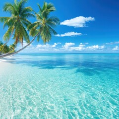 Tropical Beach with Crystal Clear Water and Palm Trees Wallpaper