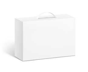 Carrying corrugated box case with plastic handle mockup. Half view. Vector illustration isolated on white background. Ready and simple to use for your design. EPS10.	