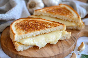 Roasted garlic grilled cheese with garlic on rustic wooden board