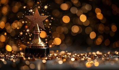 winner gold trophy with stars flying.