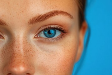 Naklejka premium Striking close-up of woman with piercing blue eyes freckles