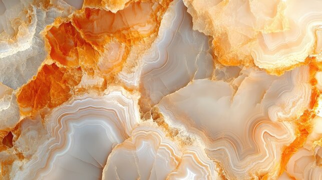 Natural volcanic agate stones close up with light orange, apricot crush and gold texture. Wallpaper background, quartz marble, decorative rock. Ai generation