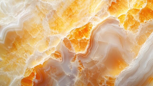 Natural volcanic agate stones close up with light orange, apricot crush and gold texture. Wallpaper background, quartz marble, decorative rock. Ai generation