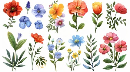 Fototapeta premium Collection of detailed spring flower elements with bright colors and delicate foliage, ideal for Easter