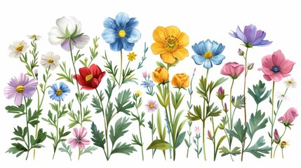 Collection of detailed spring flower elements with bright colors and delicate foliage, ideal for Easter