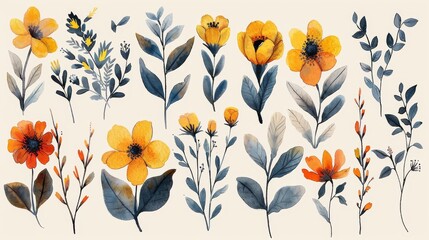 Collection of detailed spring flower elements with bright colors and delicate foliage, ideal for Easter