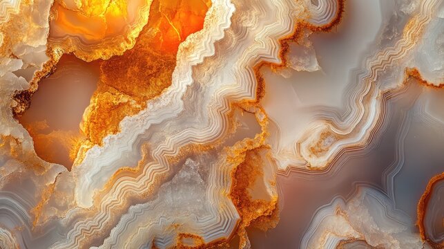 Natural volcanic agate stones close up with light orange, apricot crush and gold texture. Wallpaper background, quartz marble, decorative rock. Ai generation