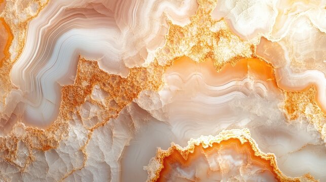 Natural volcanic agate stones close up with light orange, apricot crush and gold texture. Wallpaper background, quartz marble, decorative rock. Ai generation