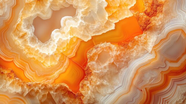 Natural volcanic agate stones close up with light orange, apricot crush and gold texture. Wallpaper background, quartz marble, decorative rock. Ai generation