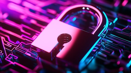 A vibrant digital lock on a circuit board, symbolizing cybersecurity and data protection in a modern technological environment.