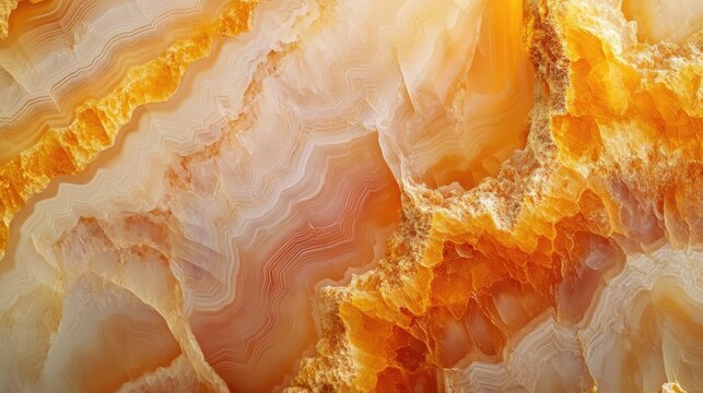 Natural volcanic agate stones close up with light orange, apricot crush and gold texture. Wallpaper background, quartz marble, decorative rock. Ai generation