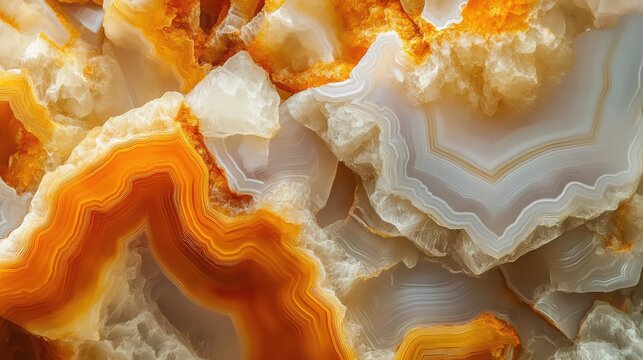 Natural volcanic agate stones close up with light orange, apricot crush and gold texture. Wallpaper background, quartz marble, decorative rock. Ai generation