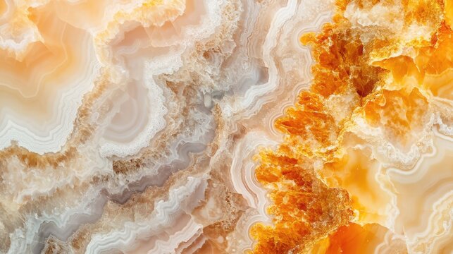 Natural volcanic agate stones close up with light orange, apricot crush and gold texture. Wallpaper background, quartz marble, decorative rock. Ai generation