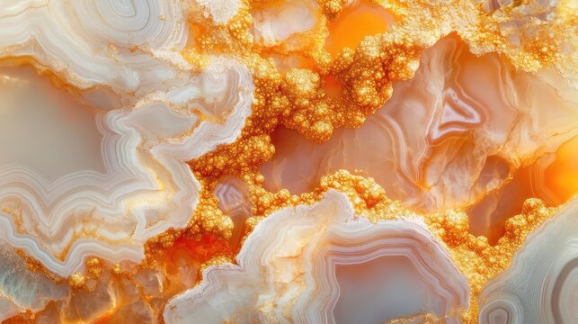 Natural volcanic agate stones close up with light orange, apricot crush and gold texture. Wallpaper background, quartz marble, decorative rock. Ai generation